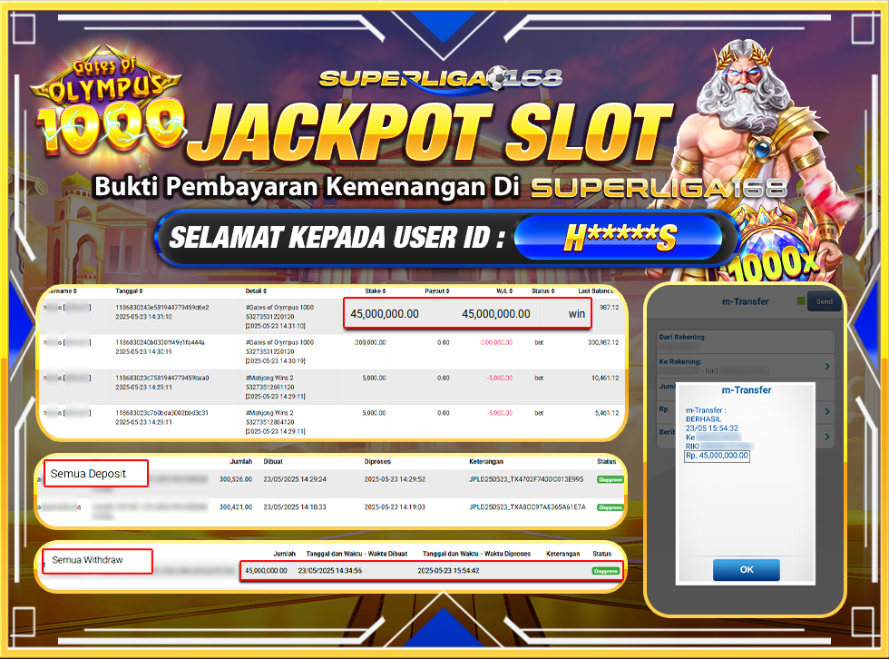 SUPERLIGA168 JACKPOT GATES OF OLYMPUS 1000 RP45,000,000-LUNAS